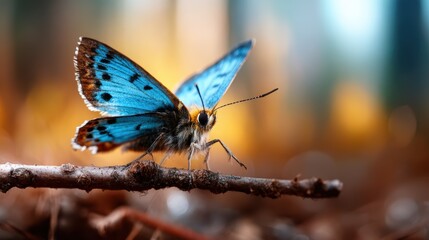 Obraz premium A stunning blue butterfly rests on a twig, displaying vivid colors and intricate patterns, epitomizing the beauty of nature and the delicate balance of ecosystems.