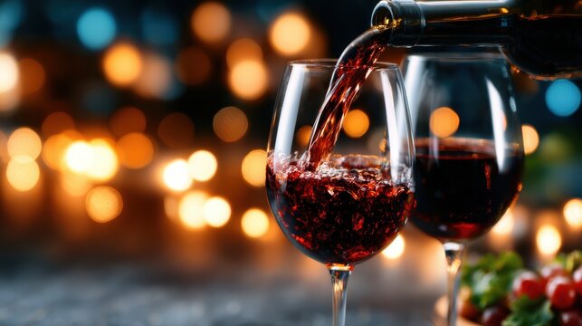 Two stylish glasses are filled with rich red wine, being poured with vibrant bokeh lights in the background, creating an atmosphere of elegance and celebration.