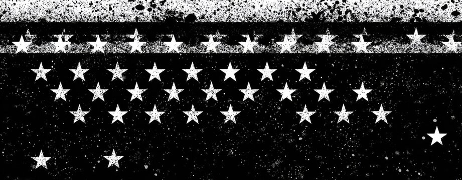 A textured image featuring rows of white stars on a black background, with a white stripe at the top