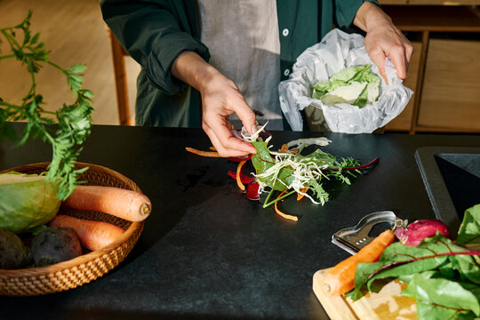Composting vegetable scraps for zero waste in an eco friendly kitchen
