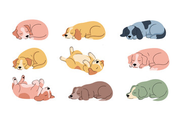 Cute sleeping puppies in various positions are peacefully dreaming, showcasing their adorable and relaxed slumber in a charming cartoon illustration.