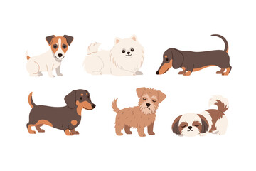 Fototapeta premium Cute cartoon dogs in various poses and breeds, showcasing different types of adorable puppies with friendly expressions, perfect for pet-related designs.
