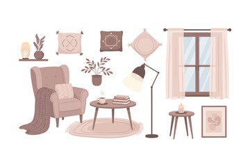 Fototapeta premium Collection of cozy home interior decor elements arranged for a comfortable and inviting living space design, perfect for relaxation.