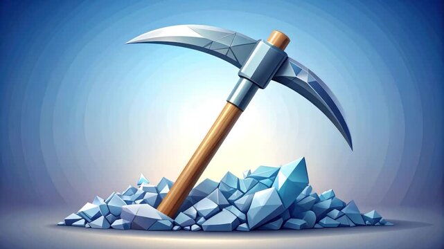 A pickaxe pierces icy crystals, a tool against a radiant blue
