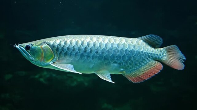 Majestic silver arowana fish swimming gracefully through dark aquatic environment showcasing large iridescent scales beautifully.