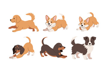 Naklejka premium Six cute playful puppies of various breeds stretching and playing happily, showcasing their adorable and friendly personalities in a charming illustration.