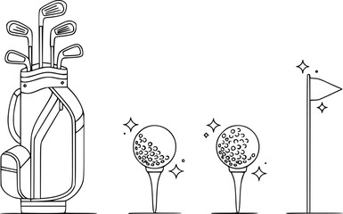 Minimalist Golf Equipment Icon Set - Professional Golf Club, Ball, and Flag Outline Vector
