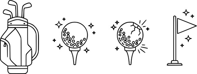Minimalist Golf Equipment Icon Set - Professional Golf Club, Ball, and Flag Outline Vector