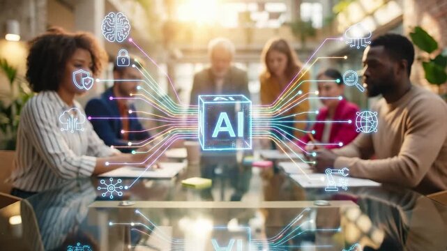 Business team at office meeting with holographic ai cube and digital icons. Artificial intelligence integration in corporate teamwork. Technology, automation, and data network  for .