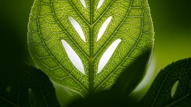 Close-up of a green leaf with intricate patterns and natural light.
