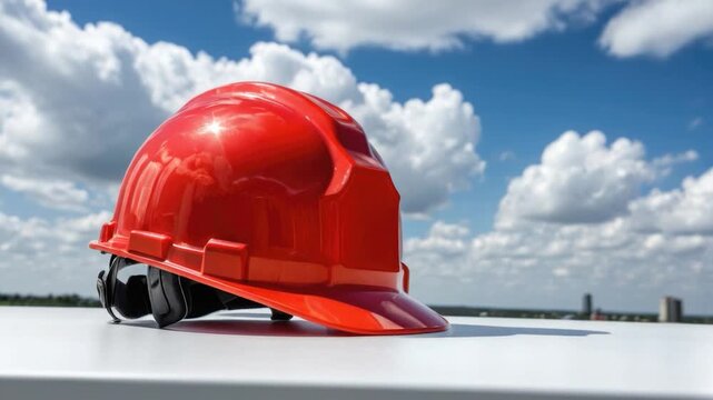 A red hard hat sits on a table, ready for use