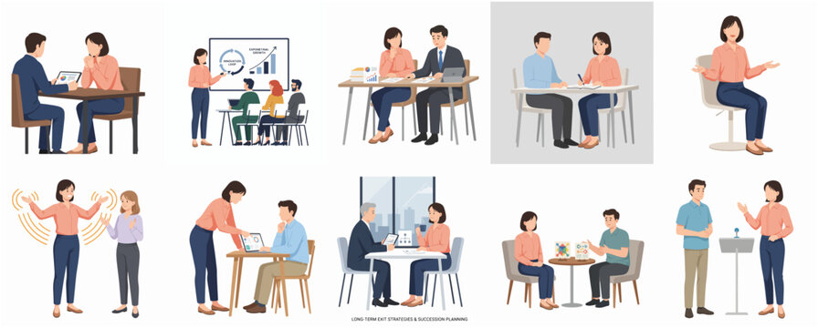 Flat Style Illustration of People in Business and Casual Conversation Scene