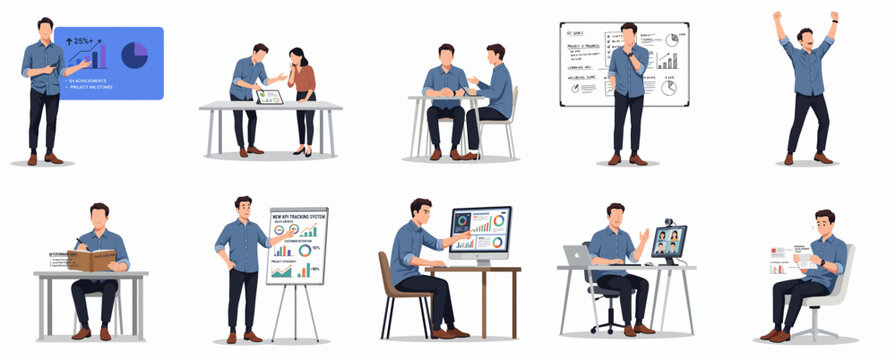 Illustrated Style Set of Business People Character Working in Office