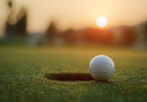 A golf ball sits near the hole, bathed in the warm glow of the setting sun on a course