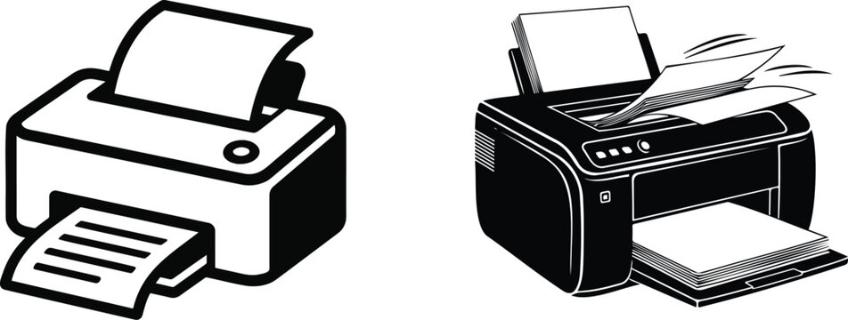 Vector art of a black and white icon of a modern printer with paper coming saddam202