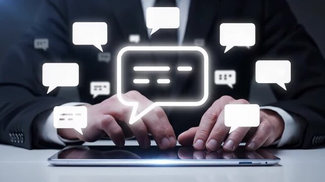 Business professional typing on tablet with glowing holographic speech bubbles and message icons floating above. Digital communication, online messaging, and customer feedback for corporate technology