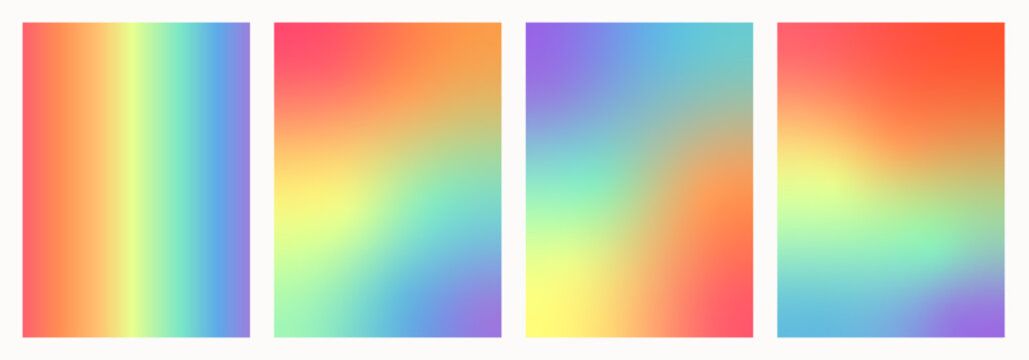 Set of colorful rainbow gradient backgrounds. Smooth abstract mesh blends in LGBTQ pride flag tones. Modern minimalist wallpapers and poster templates for web, social media, print design. Vector.