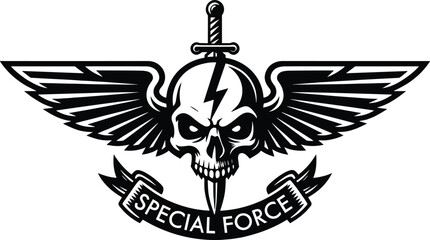 Black and white vector tactical emblem featuring a skull with lightning bolt and dagger through it with wings and special force ribbon banner © MstMerezan