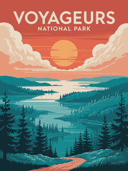 Naklejka premium Voyageurs National Park poster, vintage sunset landscape with lake islands and evergreen trees