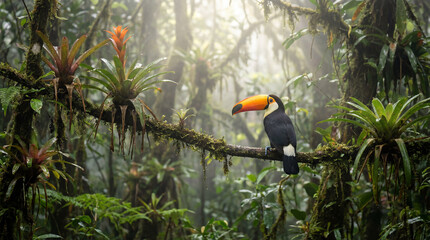 Fototapeta premium Misty Rainforest Scene with Toucan and Epiphytes on Mossy Branch