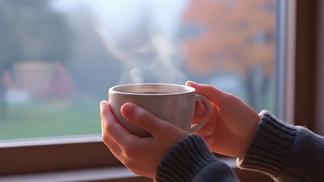 Hands holding a steaming mug by a window.