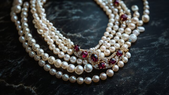 Luxury Pearl Necklace with Ruby Gemstones and Gold Accents on Dark Elegant Marble Background