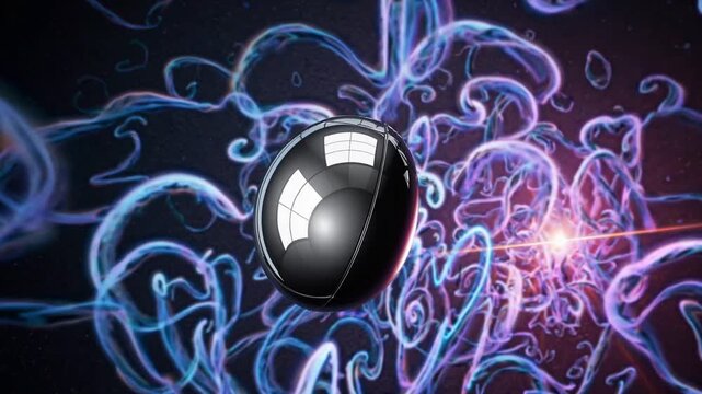 Reflective black orb among glowing filaments, twisting blue tendrils and pink luminous core, glossy mirror surface and slow orbital motion xenobiologist observing mysterious seed under careful