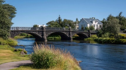 Scenic River View with Stone Bridge and Greenery in Iceland