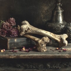 Still life composition featuring animal bones, dried roses, and an antique metal vase on a rustic wooden surface with scattered rose petals