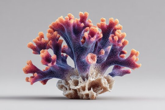 Colorful coral reef structure with intricate branching patterns and vibrant hues of purple, orange, and white against a neutral gray background