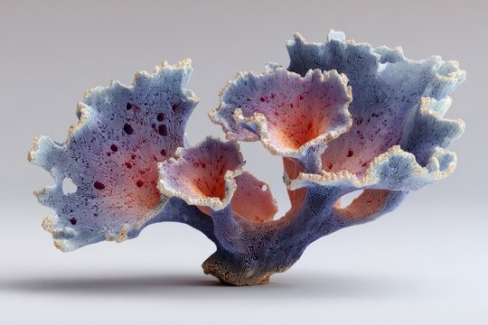 Colorful coral reef structure with intricate textures and vibrant hues, showcasing shades of blue, pink, and orange against a neutral background