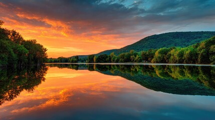 Serene Sunset over Calm Lake with Reflection and Lush Forest Edge