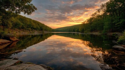 Serene Sunset Reflection Over Tranquil Lake Surrounded by Forests
