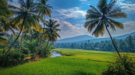 Obraz premium Lush Green Rice Fields Surrounded by Tropical Palm Trees and Hills
