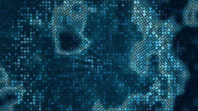 Blue glowing dots forming abstract human heads on dark background Animation Motion.