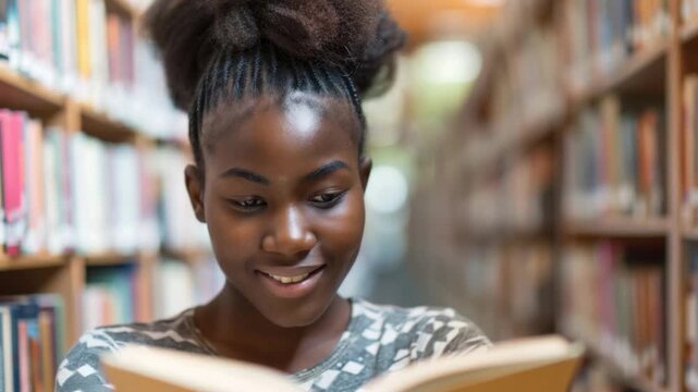 A woman sits at a table in a quiet library, engrossed in a book