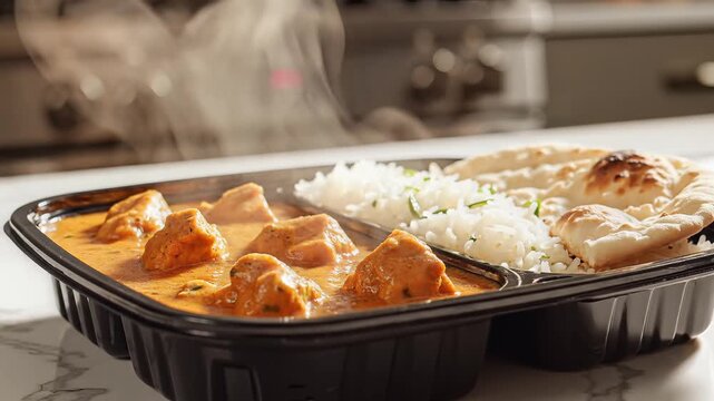 Prepared meal featuring rice bread and curry dish ready to eat