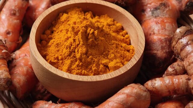 Turmeric powder in a wooden bowl.