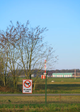 No drone zone warning sign outside military airbase, the Netherlands