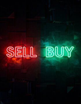 Clean minimal stock trading illustration with SELL and BUY signposts on contrasting red and green backdrop highlighting investment choices, bullish and bearish market trends.