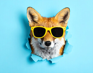 Fototapeta premium Ein Fuchs mit Sonnenbrille schaut durch ein Loch vor blauen Hintergrund