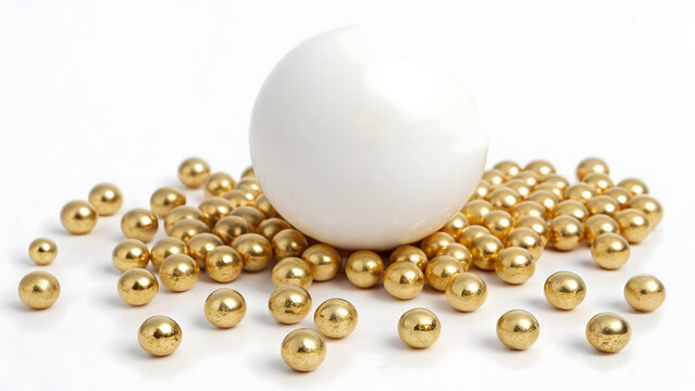 A collection of shiny gold beads surrounding a large white pearl.