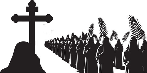 Obraz premium Silhouette of a crowd with palm branches and cross