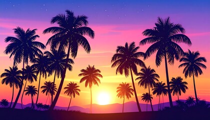 Fototapeta premium Silhouette palm trees against a vibrant sunset sky, with the sun low on the horizon