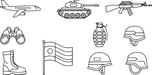 Military and Defense Equipment Icon Set - Tactical Army Tank, Fighter Jet, and Infantry Gear Vector