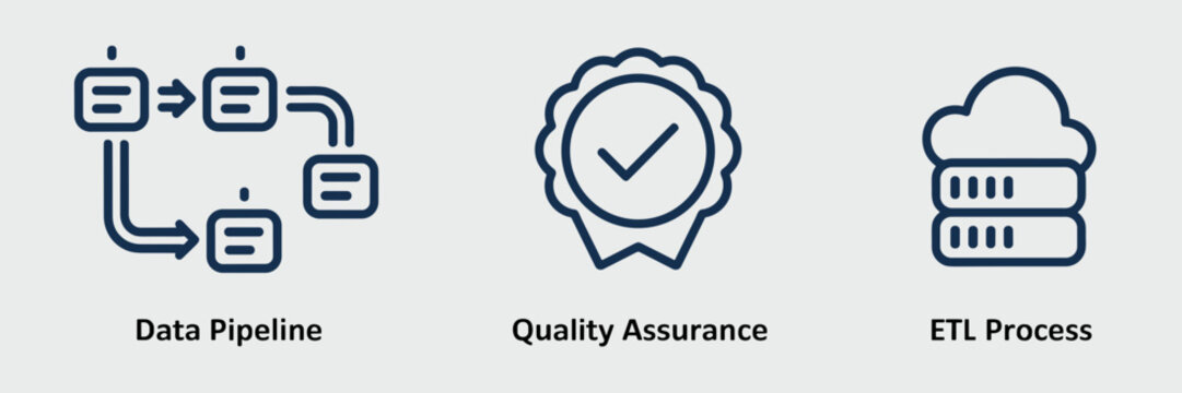 Quality assurance data pipeline icons &ndash; Suitable for software testing materials, data science blogs, or industrial automation.