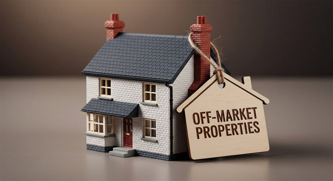 Off-market properties real estate concept, miniature house model with wooden price tag, private property sales and investment opportunities