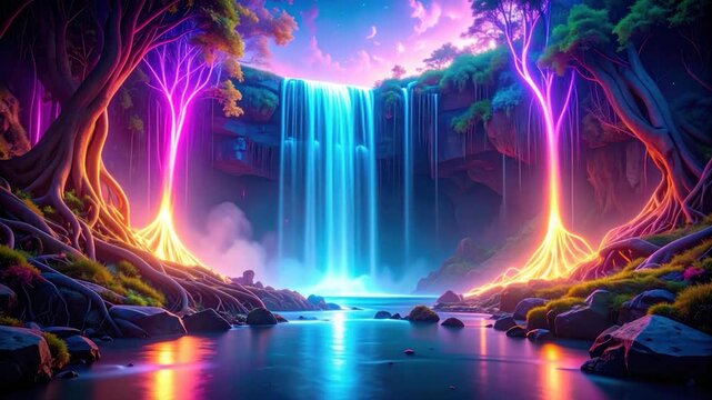 Majestic waterfall flanked by glowing trees and reflections in a tranquil lake