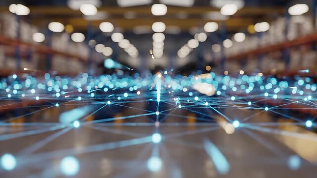 Glowing digital network grid with connected nodes spreads across a warehouse floor. Smart logistics, data driven supply chain, and industrial automation  for  distribution infrastructure.