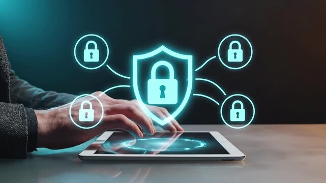 Hands touching tablet with glowing holographic security shield and multiple lock icons connected in network. Cybersecurity protection, multi layer digital defense, and data privacy  for  technology.